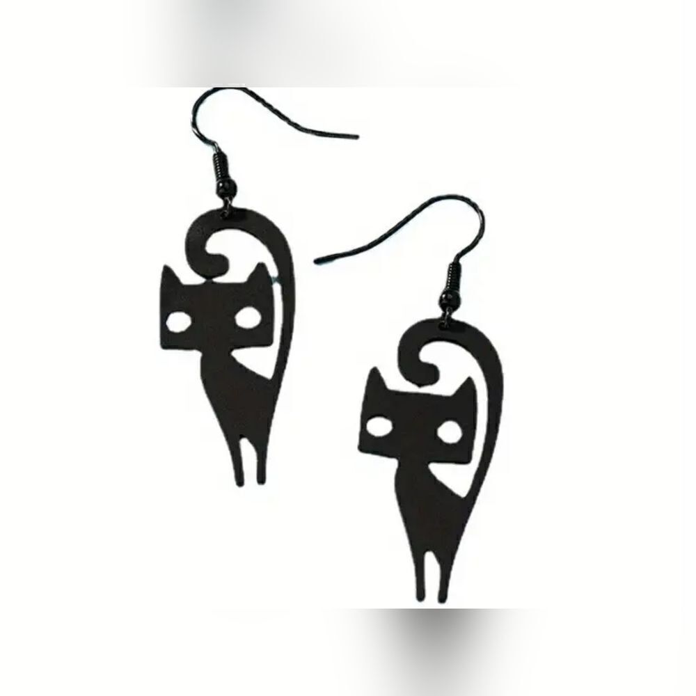 NEW! Halloween Black Cat Dangle Earrings 2" Mid Century Modern, on trend!